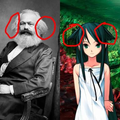 19th-century philosopher paired with anime character via matching red-circled ears—a deadpan "this is the same character" comparison meme.