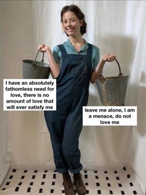 A woman in period workwear holds two buckets while contradicting herself: desperate for love yet demanding solitude as a matter of self-preservation.