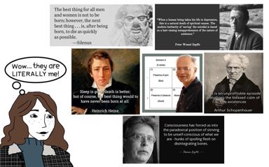 A collage meme of nihilist philosophers all arguing against existence, with a cartoon character realizing they are—literally—all these thinkers.