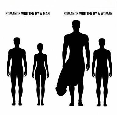 Comparison of male and female literary conventions in romance: men's versions feature interchangeable male figures, while women's center the swoon — the female silhouette dramatically arched backward in surrender, bracketed by two men.