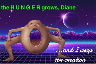 Surrealist vaporwave horror: a contorted figure with mouth-cavity head screams into a neon landscape as the hunger consumes it.