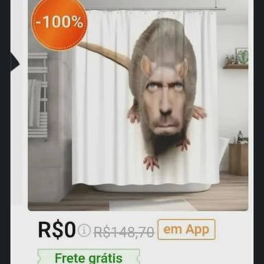 A man's inverted face emerges from a shower curtain as a discounted e-commerce product—surreal marketplace satire.