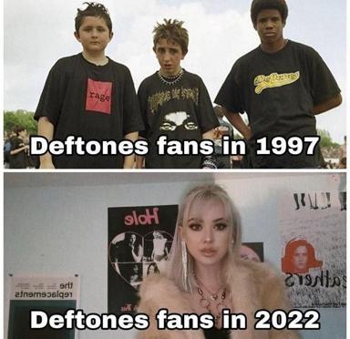 Deftones fandom in 1997 (three boys, scraggly hair, black tees) vs. 2022 (platinum blonde woman, makeup, posters) — a two-panel before/after on the aestheticization of metal fandom.