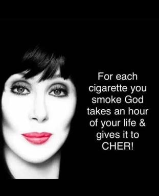 A pop-art portrait with a deadpan theological joke about cigarettes and divine retribution redirecting lost time to Cher.