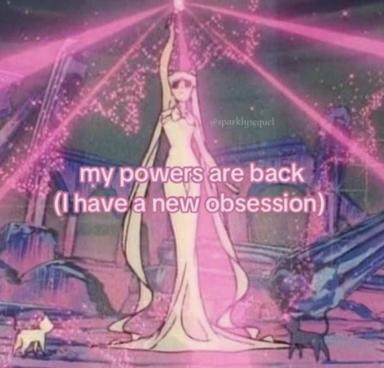 An anime girl in a long white gown stands in a radiant pink cathedral-like space, text overlay claiming newfound magical powers and obsession.