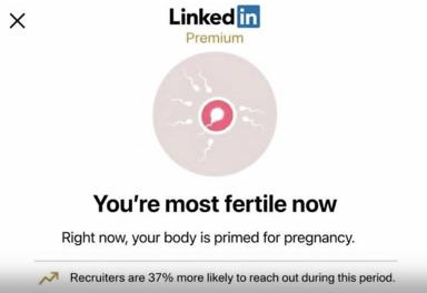 Satirical LinkedIn Premium notification parody: "You're most fertile now" — absurdist critique of corporate optimization and surveillance capitalism.