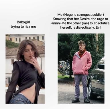 Hegelian dialectics meme: crop-top girl tries to "rizz" a sceptical older man who philosophically resists with a thesis about Desire, negation, and dialectical Evil.