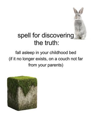 A spell for discovering the truth: fall asleep in your childhood bed. Pairs rabbit photograph and moss-covered stone with quiet wisdom about memory and mortality.