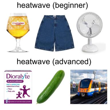 A humorous comparison of summer heat management, labeled "beginner" vs "advanced," contrasting ineffectual or novelty approaches (beer, wide shorts, a desk fan) with actual heat-relief methods (electrolyte drink, cucumber, public transit).