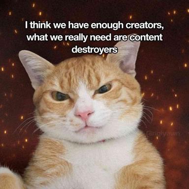 An orange-and-white cat with a knowing smirk against a warm, glowing dark background — a reaction image for a deadpan hot take about content creation.