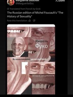 Michel Foucault fragmented into anatomical close-ups as a cover mockup for the Russian edition of *The History of Sexuality*, a sepia-toned academic shitpost.