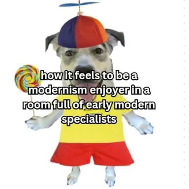 A brightly costumed dog with a propeller hat holds a lollipop, satirizing the modernist tasked with defending experimental aesthetics among traditionalist specialists.