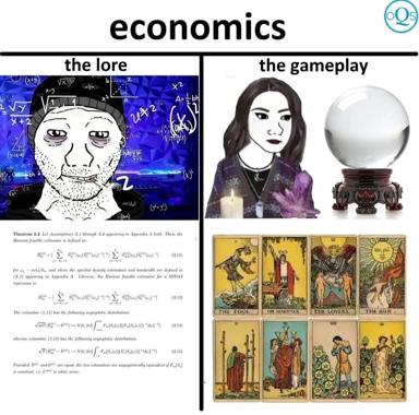 A two-panel meme contrasting econometrics "lore" (difficult mathematical formulas with an exhausted character) vs "gameplay" (an anime girl, crystal ball, and tarot cards).