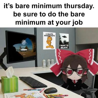 Anime office worker at minimal desk, surrounded by art supplies and demotivational posters, with text about bare-minimum Thursday work performance.