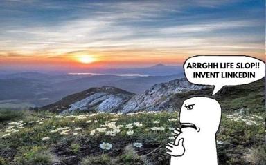 Wojak figure in profile against a sunset mountain landscape, ranting about "life slop" and LinkedIn; deadpan commentary on work culture and existential ennui.