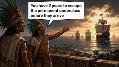 Two Aztec warriors watch colonial ships arrive on the horizon—a meme warning of inevitable decline, mixing historical apocalypse with modern class anxiety.