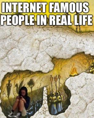Internet-famous people unmasked: a medieval fantasy painting of a solitary woman in a stone cave, surrounded by armored soldiers with torches, becomes an image-macro joke about the gap between online visibility and authentic selfhood.