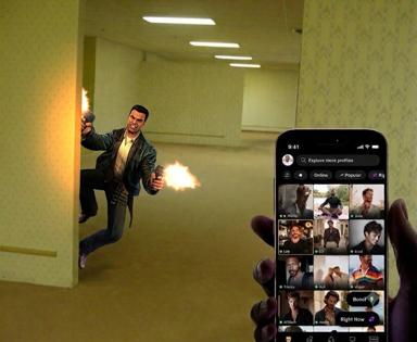 Action-movie hero firing guns meets calm phone scrolling through dating profiles — the comedy of clashing genres and emotional registers.
