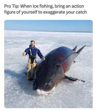 Fishing-brag joke: a man in waders grins beside an enormous beached whale on ice, as a "pro tip" for exaggerating your catch—applied to book sales.