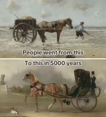 Horse-drawn transport unchanged across 5000 years: beach cart vs. refined carriage, a sardonic comment on civilization's lack of progress.