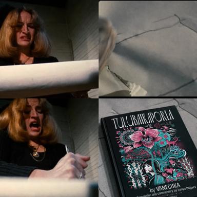 Woman's shocked reaction to the reveal of *Tulubaikaporia* — a richly illustrated Russian literary translation.
