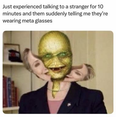 A digitally swapped face—glossy golden-yellow with lime-green glasses—on a professional woman in an office, capturing the surreal absurdity of tech integration becoming socially normalized.
