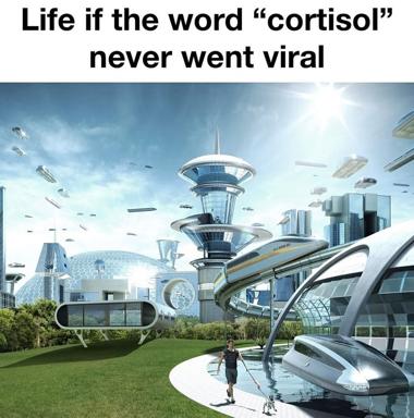 A futuristic retro-utopian landscape where a person sits amid sleek architecture, flying vehicles, and geodesic domes under a brilliant blue sky. The text above reads "Life if the word 'cortisol' never went viral" — imagining a stress-free, anxiety-less alternate reality.