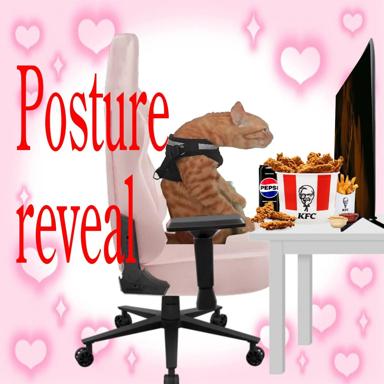 A cat in an ergonomic gaming chair sits at a desk with KFC and Pepsi, surrounded by glowing hearts, with red text reading "Posture reveal"—absurdist office humor meets corporate brand placement.