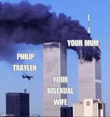 Image-macro meme using 9/11 tragedy; crude shock humor targeting a named individual.