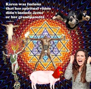 A chaotic surreal meme mocking spiritual eclecticism through collaged conspiracy imagery, religious iconography, and absurdist humor layered over a glowing Star of David.
