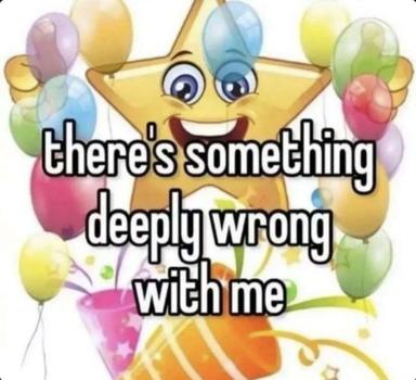 Jubilant cartoon star wrestles with internal chaos, balloons mask a familiar dread: the meme format that swaps relatable despair over saccharine surfaces.