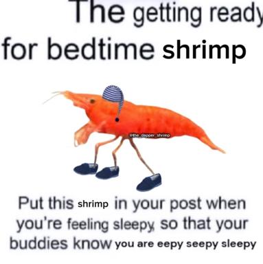 Cartoon shrimp with goggles and shoes, instructing you to post it when sleepy so friends know you're tired.