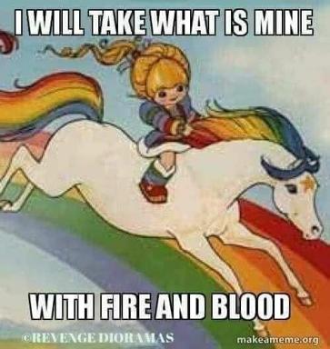 Vintage children's book illustration remixed as dark-humour meme: blonde child astride a rainbow-maned horse, captioned with aggressive, possessive threats.