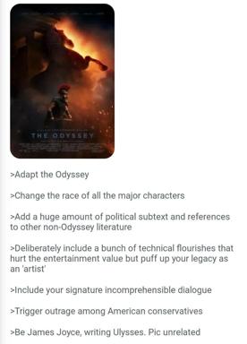 A satirical instructions-post on adapting *The Odyssey* for prestige cinema — mock prescriptions for race-washing characters, obscure dialogue, and sacrifice of entertainment for artistic credibility.