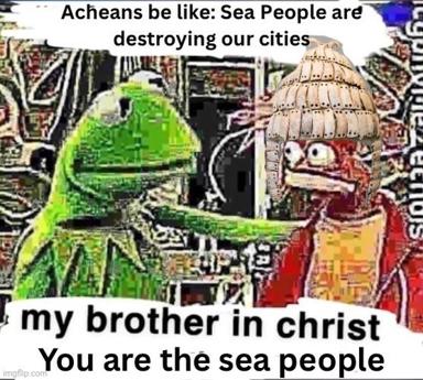 A meme conflating ancient Athenian anxieties about seafaring peoples with modern internet vernacular, using Kermit the Frog and a figure in ornate armor against a densely patterned, digitally distorted classical backdrop.