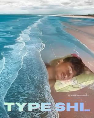 Aerial beach photo collaged with sleeping person—a scale-mismatch joke between epic landscape and intimate portrait moment.