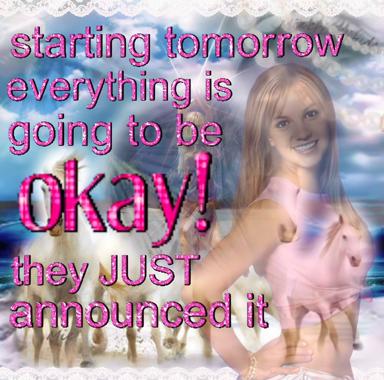 Y2K optimism meme: magenta glitch text layered over a soft-focus portrait of a smiling woman against a dreamy sky backdrop, framed with digital lace trim.