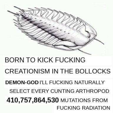 A technical drawing of a segmented arthropod paired with aggressive evolutionary boasting — creationism mockery via mutation braggadocio.