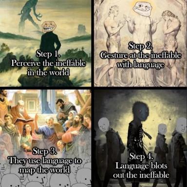 Four-panel escalation meme: language's arc from transcendent perception to erasure, illustrated through art history and troll faces.