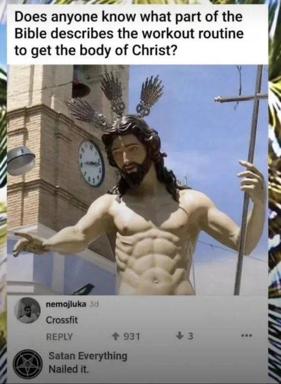 Satirical meme asking what Bible passage describes the "workout routine" for "the body of Christ," answered with a Crossfit joke; features a photoshopped hyper-muscular Jesus statue.