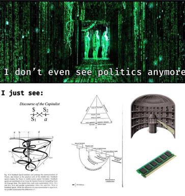 Matrix digital rain scene paired with academic diagrams; claims indifference to politics by claiming only to see theory.