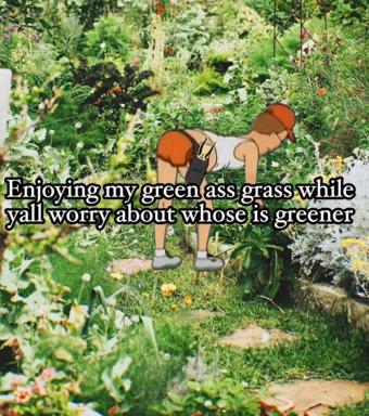 An illustrated figure in boxing gloves and a cap bends backward over a thriving garden, playing indifferent to comparative success — a punch-line about confidence over competition.