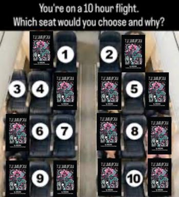 Airline seat choice meme: all ten seats are labeled with the same book cover (pink peonies, ornate typography).