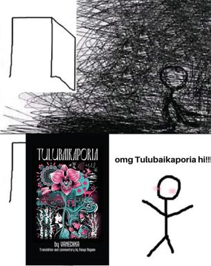 Exultant reaction to the Tulubaikaporia translation release: chaos meets clarity as a scribbled figure encounters the ornate cover, answered by a stick-figure victory pose.