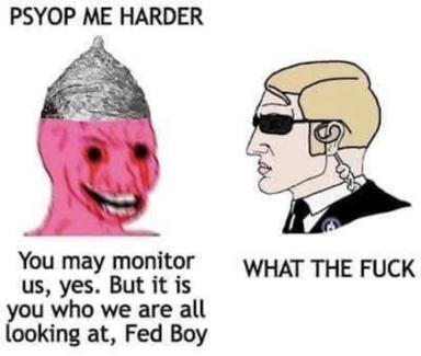 Surveillance paradox meme: grotesque faces confront the watcher's gaze, inverting the power dynamic of observation.