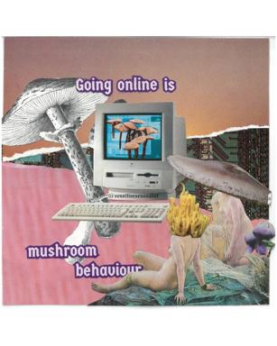 Surrealist collage comparing going online to mushroom behaviour: vintage Mac, fish-headed figure, psychedelic symbolism.
