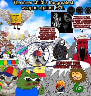 Chaotic absurdist collage layering spiritual/occult iconography, internet memes, and surreal imagery with contradictory text about inner children, demons, and self-actualization.
