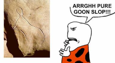 Ancient Roman relief sculpture met with pure derision from a Flintstones cartoon character — the collision of high art and crude irreverence.