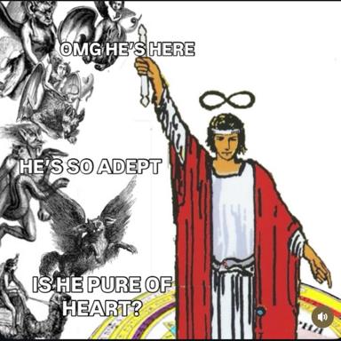 A religious Renaissance painting of Jesus Christ is recontextualized as a meme: angels swarm around him in panic ("OMG HE'S HERE"; "IS HE PURE OF HEART?") while a confident figure in red robes stands ready, claiming "HE'S SO ADEPT."