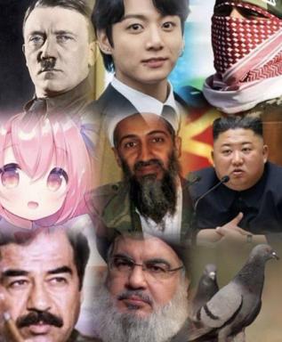 Absurdist collage mixing dictators, anime, sneakers, and a pigeon in a chaotic grid layout—a "everything-is-evil" meme with surreal tone.
